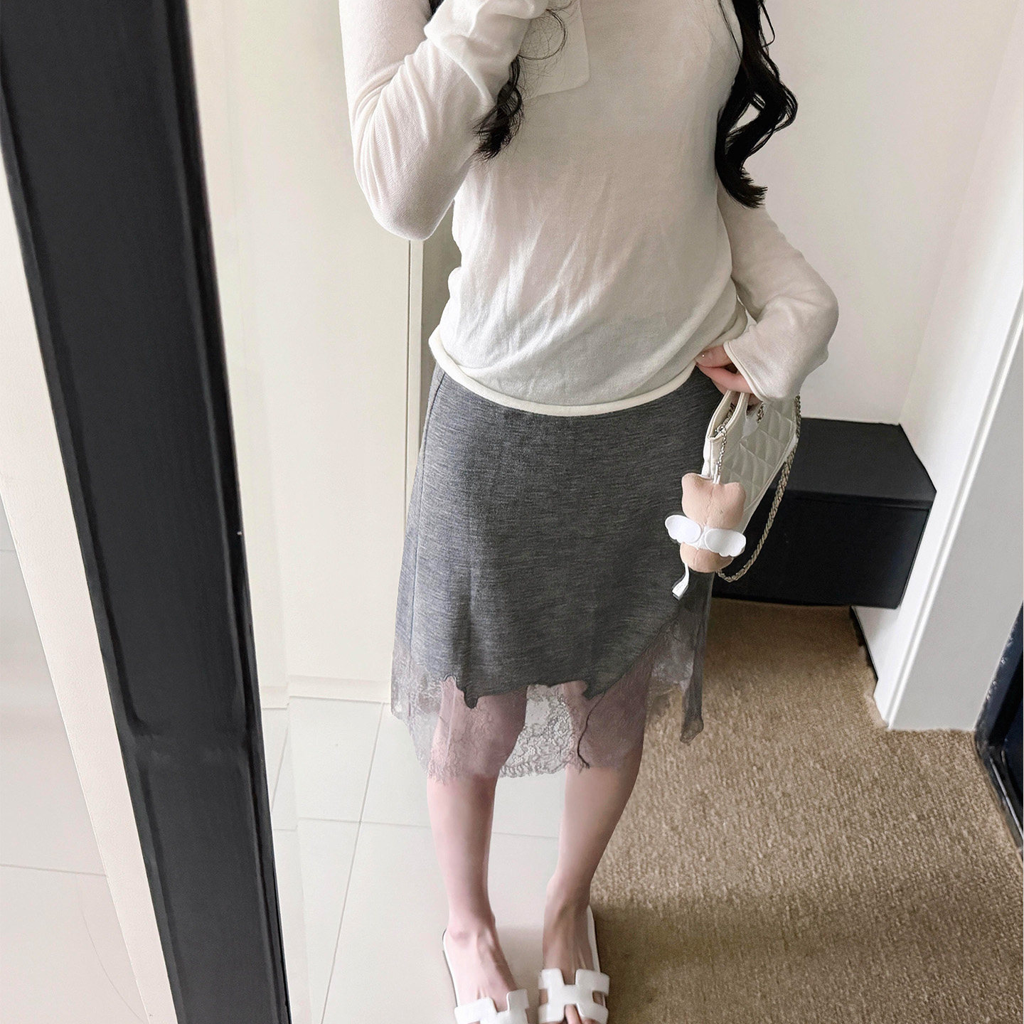 韩系灰色针织蕾丝拼接半裙女修身包臀休闲百搭中长款不规则半身裙