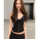 黑色缎面鱼骨胸衣吊带女设计感后背绑带可调节显瘦气质款 v领上衣