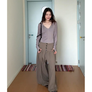 辣妹深v领蝙蝠袖长袖T恤女休闲百搭时髦轻运动瑜伽罩衫灰紫色上衣