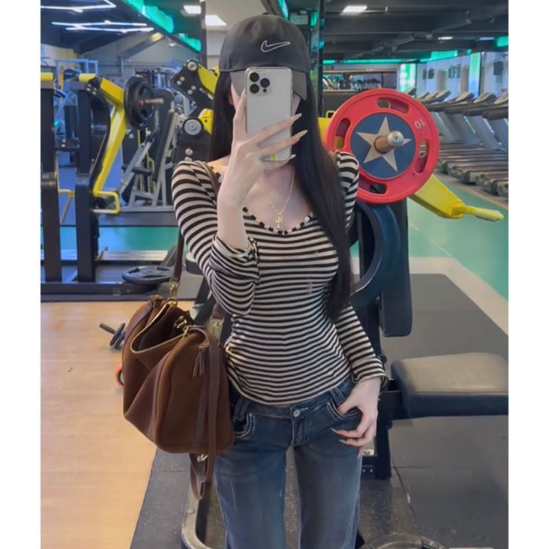 美式复古条纹长袖T恤女秋季新款纯欲风紧身显瘦内搭打底衫上衣