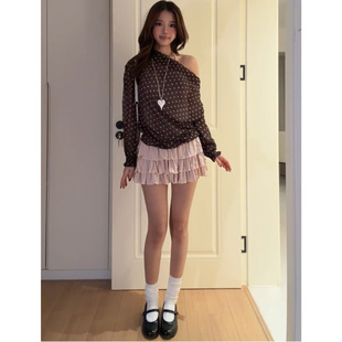 设计辣妹穿搭套装女蝙蝠袖长袖波点上衣吊带连衣裙春夏叠穿蛋糕裙