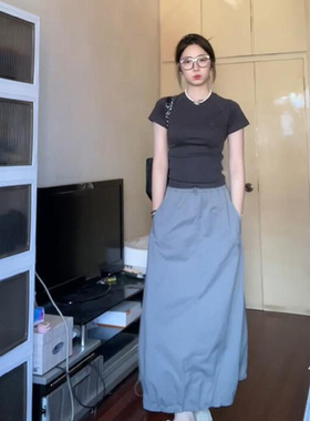 美式复古灰色双拉链半身裙女运动休闲显瘦宽松a字长裙降落伞裙