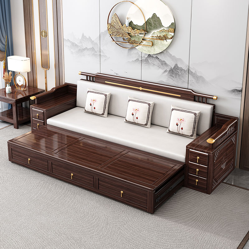 新中式紫金檀木实木沙发床组合客厅大小户型罗汉床雕花伸缩木沙发
