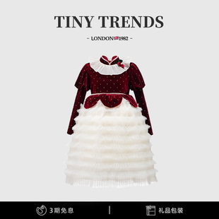 女童连衣裙秋冬新款复古丝绒儿童生日礼服裙女宝宝新年红色公主裙