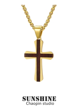 2025新款实木十字架项链钛钢镶嵌红花梨吊坠高级感百搭潮流配饰品