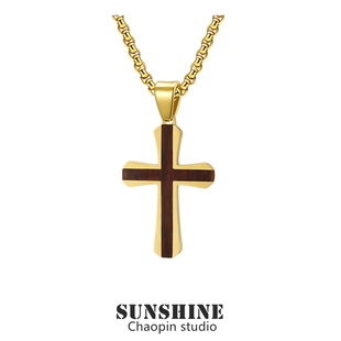 2025新款 实木十字架项链钛钢镶嵌红花梨吊坠高级感百搭潮流配饰品