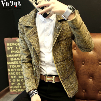 秋季男士休闲个性短款风衣2024英伦格子夹克韩版修身加绒立领外套