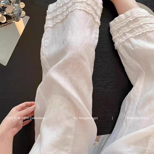 白色大码木耳边直筒休闲裤女夏薄款宽松高腰显瘦气质九分阔腿裤子