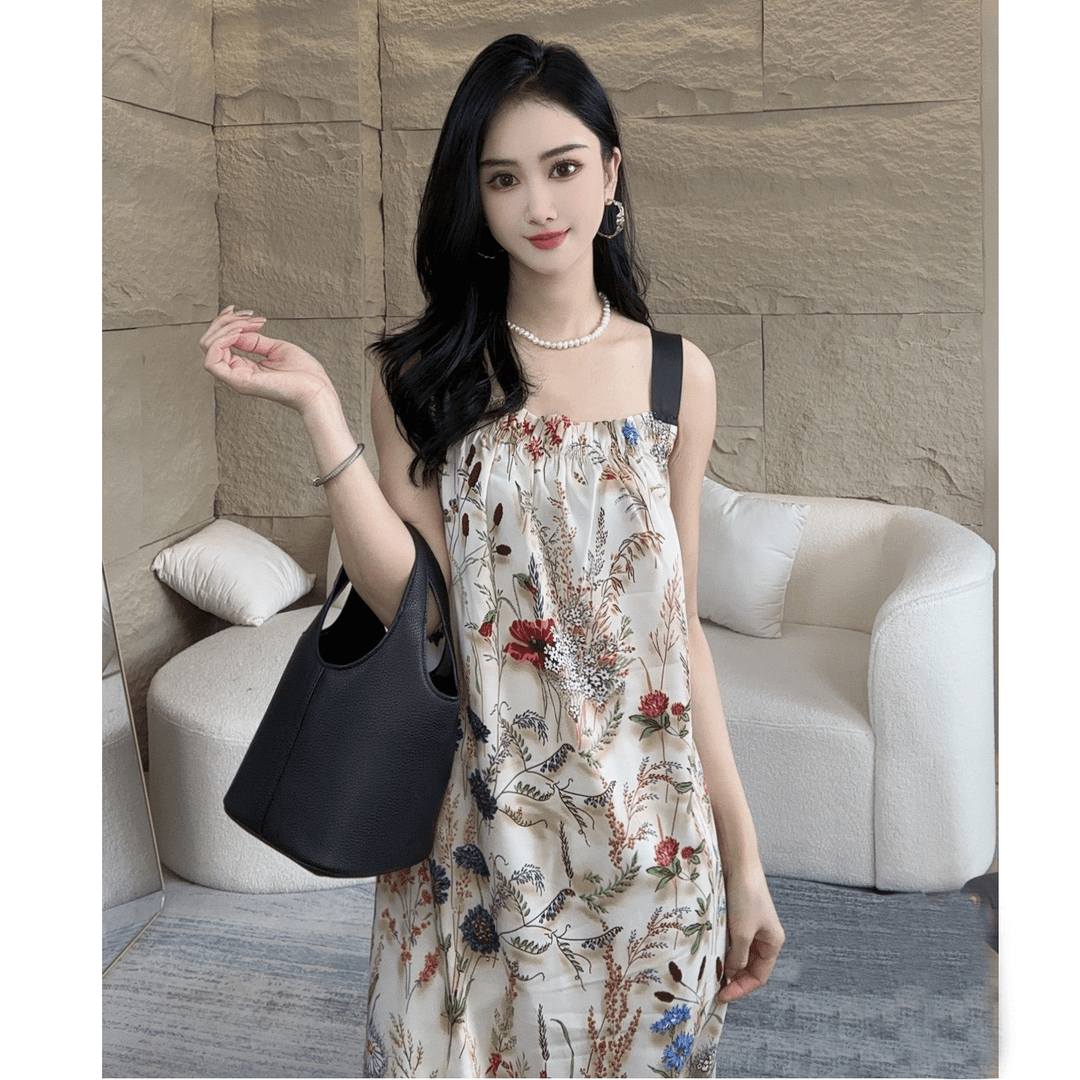 法式轻奢宽松中长裙印花连衣裙