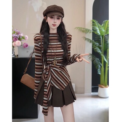 大码美式复古条纹长袖T恤