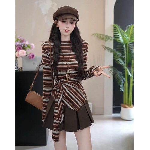 大码美式复古条纹长袖T恤