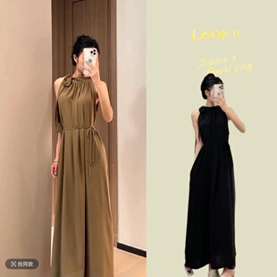 不规则高级感法式系带挂脖连衣裙夏季气质裙子无袖独特露肩长裙子