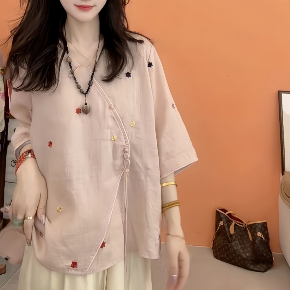 新中式国风刺绣盘扣苎麻衬衫女图片