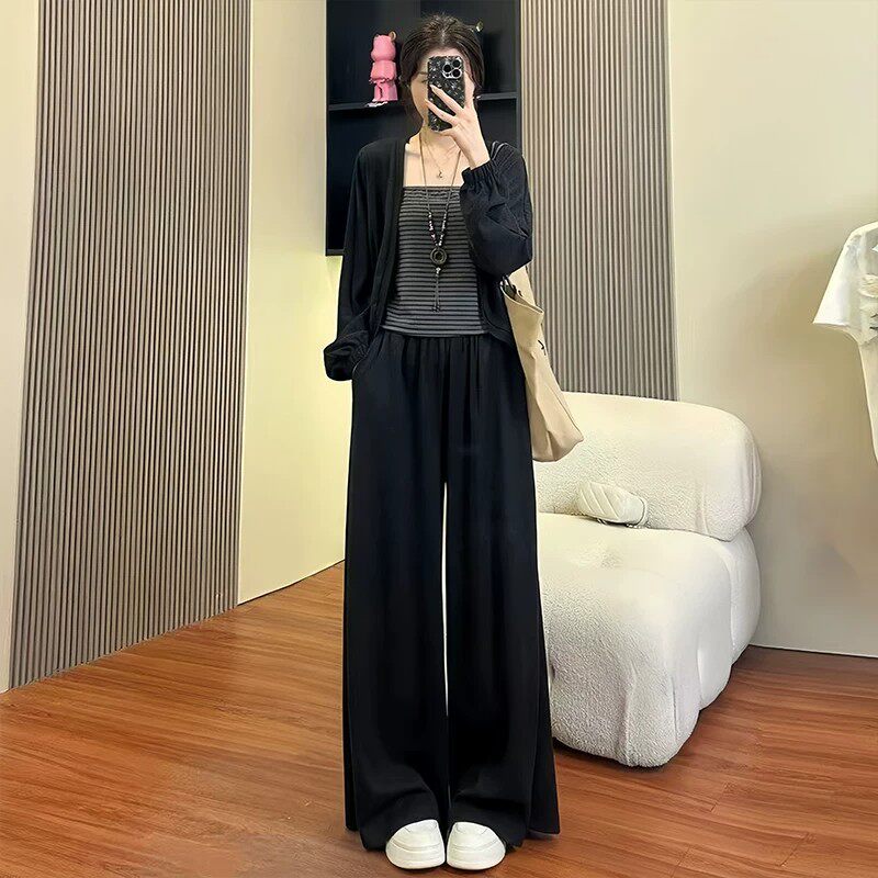 秋季女条纹显瘦开衫阔腿三件套