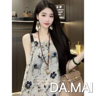 海边度假风胖MM新中式夏季新款吊带裙大码宽松遮肉显瘦印花连衣裙