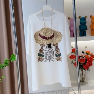 薄新款 印花T恤女夏季 宽松遮肉显瘦上衣 胖mm洋气百搭圆领短袖 大码