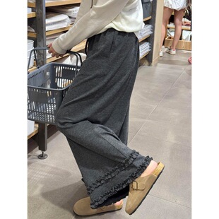 胖mm高腰显瘦慵懒风小个子休闲裤 大码 女秋季 深灰色花边阔腿糯米裤