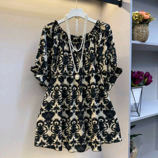 轻熟风别致绝美独特漂亮上衣设计感小众碎花短袖 胖mm法式 女装 大码