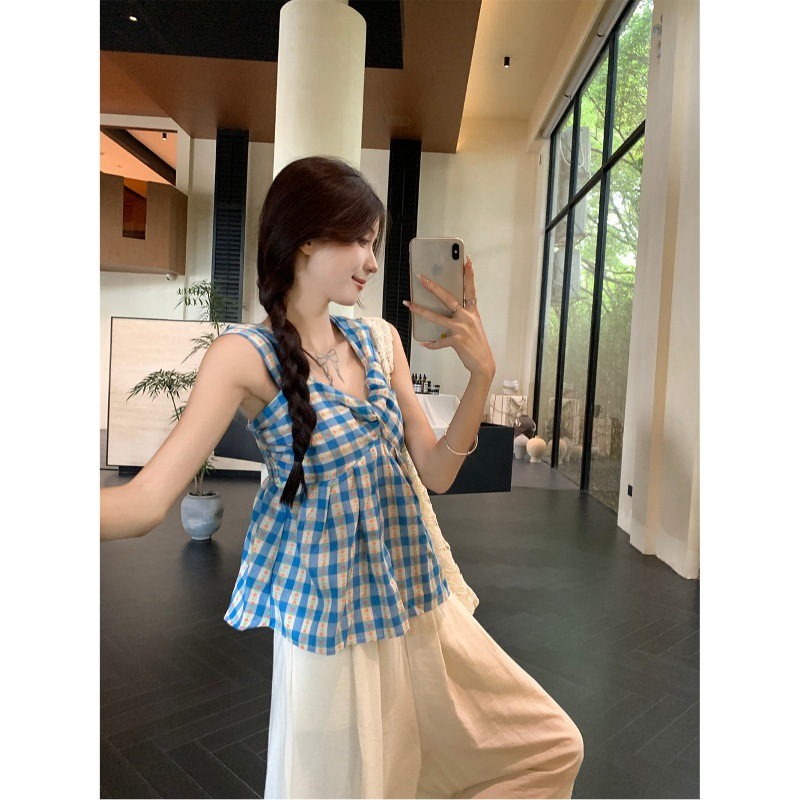 设计感法式甜美复古格子背心
