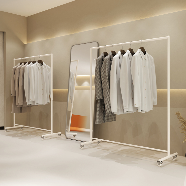 不锈钢奶白女装服装店展示架陈列架中岛落地式挂衣架童装带轮移动