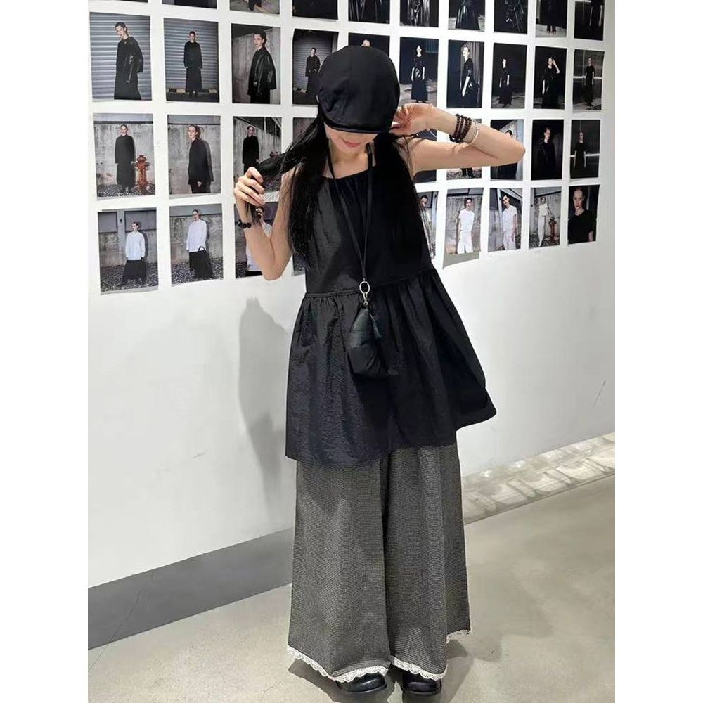复古小众无袖背心设计感套装宽松吊带上衣拼接蕾丝阔腿长裤两件套