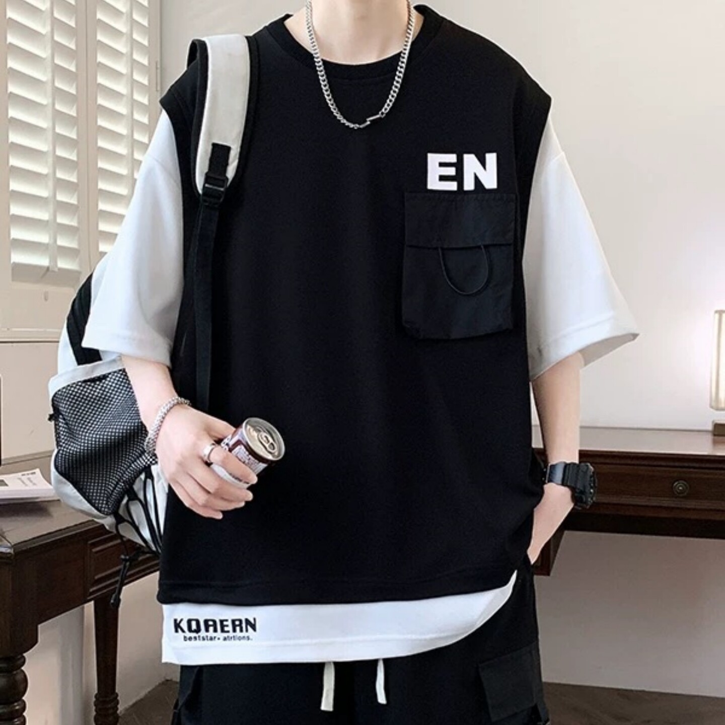 夏季休闲男T恤拼色五分袖五分裤新款加肥加大码胖子宽松运动套装