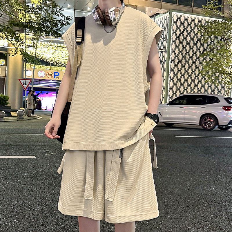 大码宽松美式坎肩背心男夏季青少年痞帅运动男士无袖t恤300斤套装