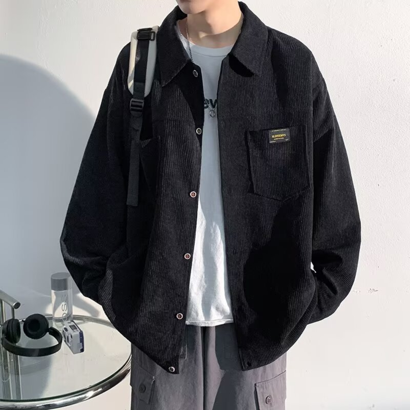 特大码灯芯绒衬衫春秋季套装青少年学生男装穿搭日系高级感痞帅气