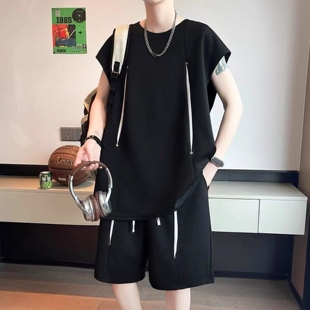 夏季胖人无袖运动套装男生搭配帅气坎肩休闲短裤两件套加肥加大码