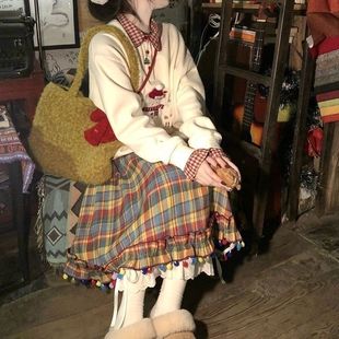 秋冬多巴胺复古彩虹可爱格子半身裙百褶裙圣诞衣服可爱长裙子女