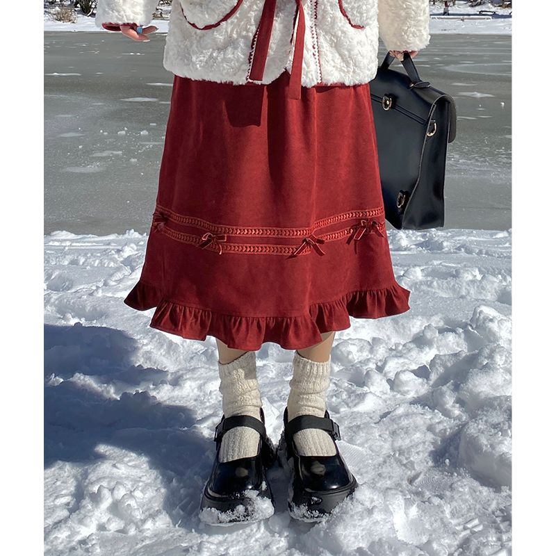 冬季复古设计感加厚百搭中长款裙子女少女a字蝴蝶结红色半身裙