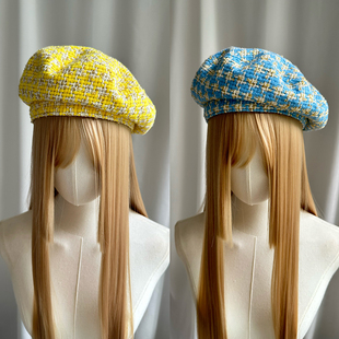 24新款秋冬小香风黄色贝雷帽可调节大头围女复古名媛气质画家帽潮