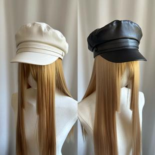 时尚帅气pu皮质平顶水手帽复古时尚鸭舌帽女秋冬休闲逛街海军日系