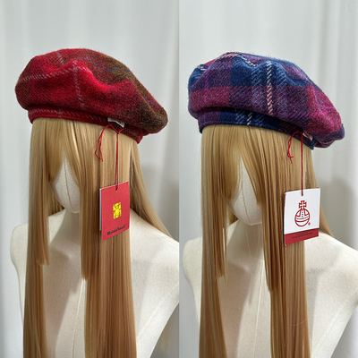 100%纯羊毛冬粗花呢格纹贝雷帽高品质气质百搭画家帽HarrisTweed