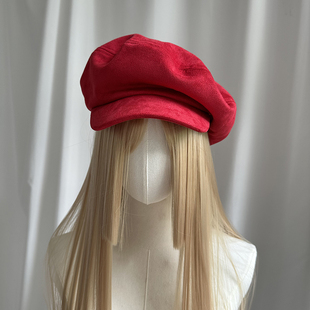麂皮绒红色海军风云朵帽时尚百搭宽檐显脸小报童帽新年红色鸭舌帽