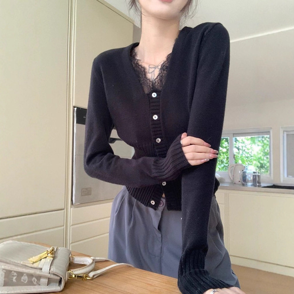 纯欲V领蕾丝修身显瘦针织打底