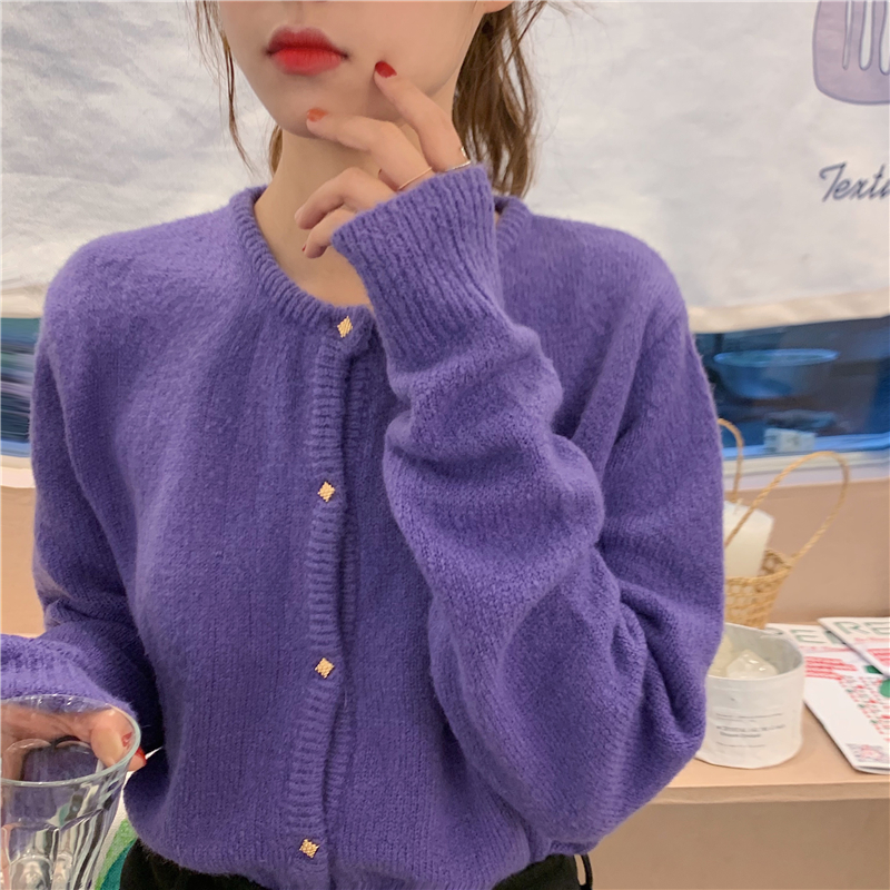 Multi color round neck button knitted cardigan coat