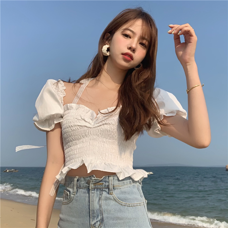 Real shot stitching lace lace up bubble sleeve blouse