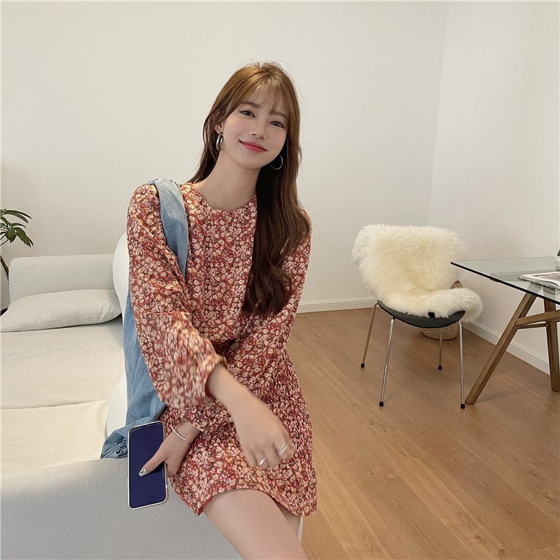 Real shot elastic waist small floral elastic dress