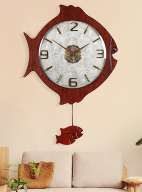 新中式挂钟客厅中国风个性木质钟表餐厅创意家用轻奢贝壳艺术时钟
