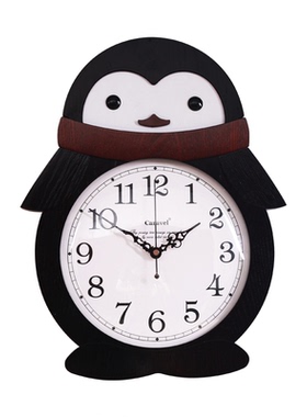 现代简约动物卡通企鹅儿童房客厅木质挂钟动漫可爱石英钟挂表