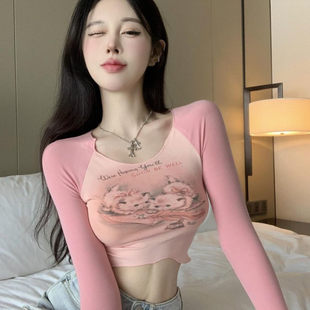 设计感纯欲风短款露脐紧身t恤女秋天卷边方领性感辣妹打底衫上衣
