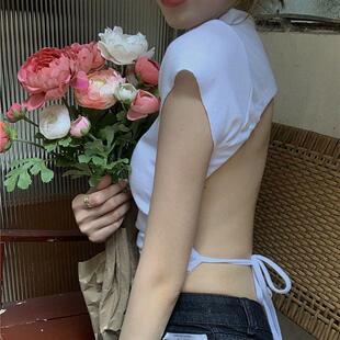 ins风韩国小香风性感短款大露背t恤女士露脐抽绳系带夏季百搭上衣