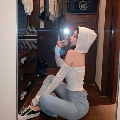 春秋薄款性感露肩小众设计感连帽长袖t恤女生紧身打底小衫上衣冬