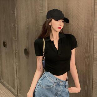 夏季港风短款上衣女士V领设计感露脐黑色紧身polo衫高腰短袖t恤潮