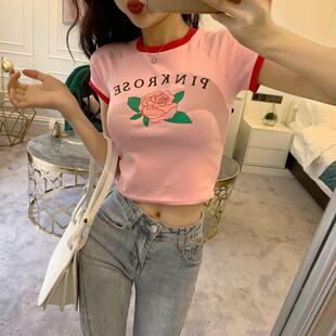 夏天紧身短袖短款t恤女学生粉红超火的网红款高腰露脐修身上衣潮
