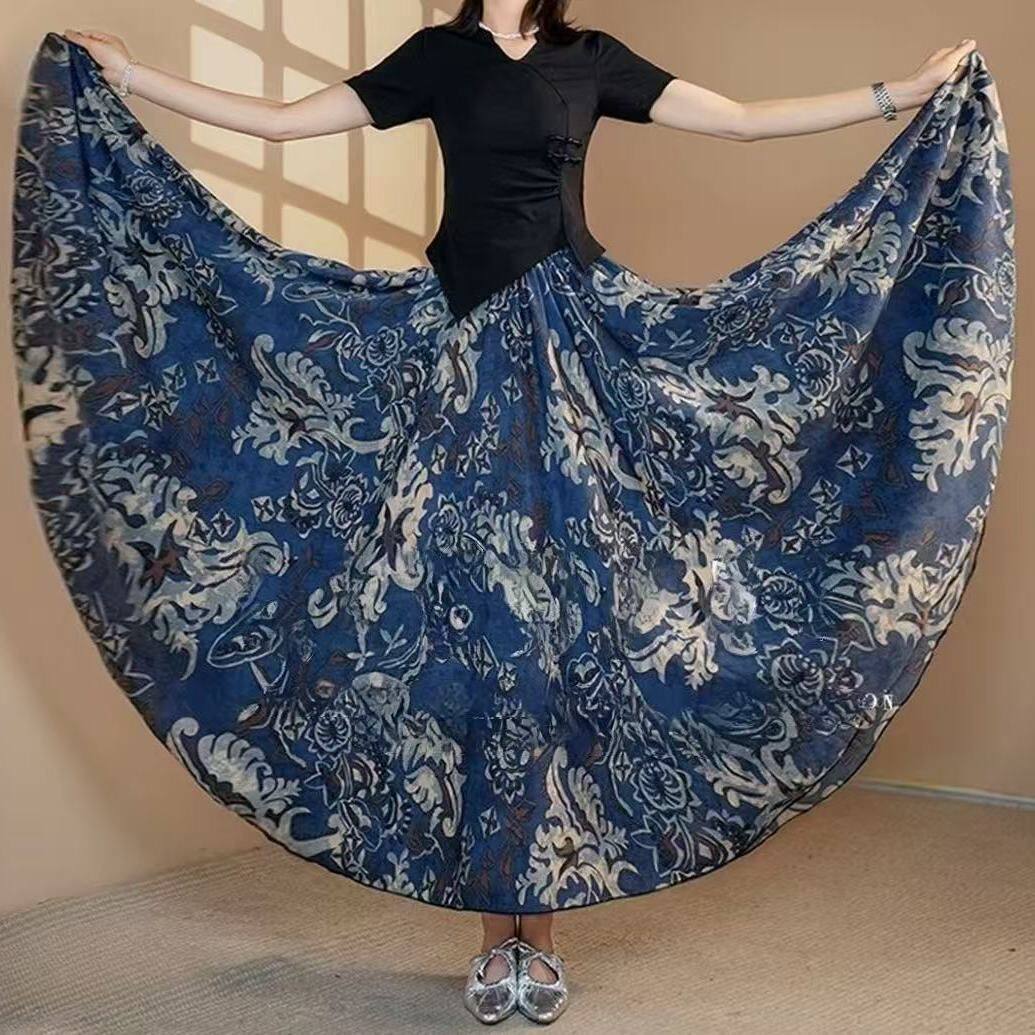 时尚大码一裙三穿青色碎花半身裙女夏季新款大摆裙a字裙半身长裙