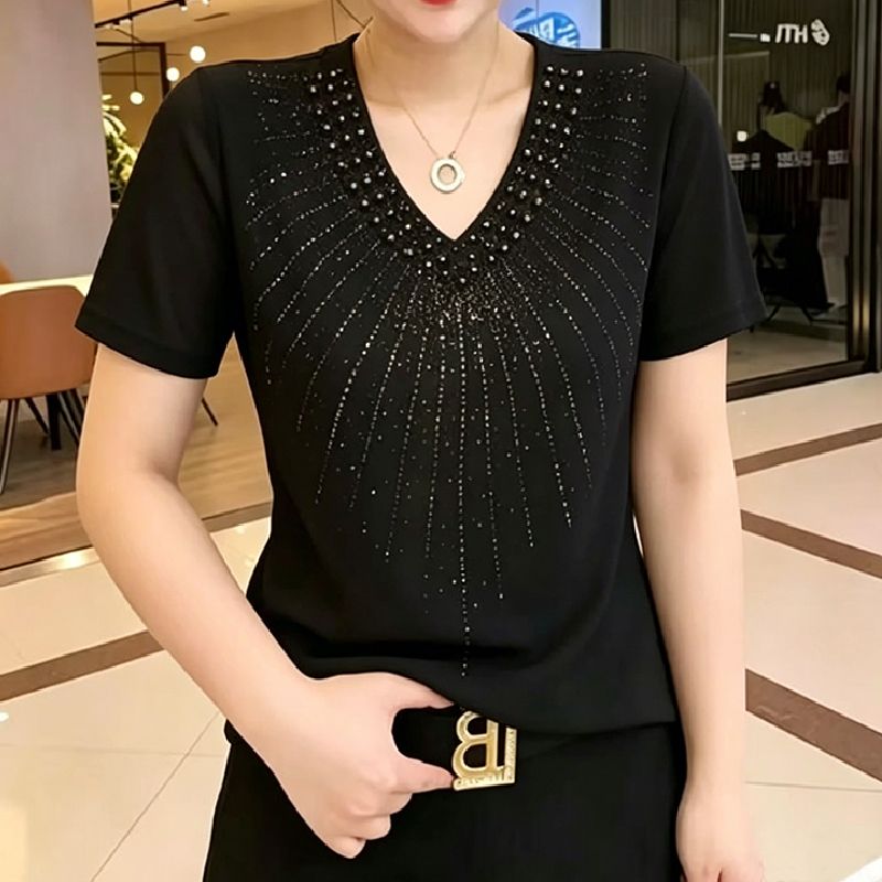 新款冰丝镶钻V领显瘦短袖t恤女夏季时尚轻奢高级感烫钻体恤衫上衣