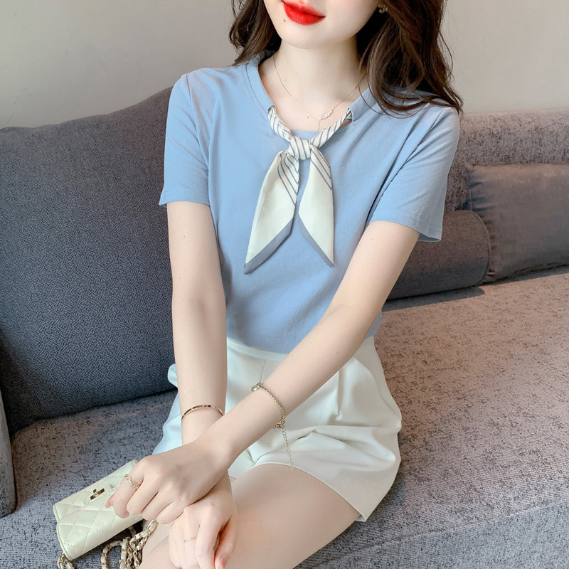 时尚蓝色纯棉短袖t恤女夏季新款设计感小众蝴蝶领结上衣宽松体恤