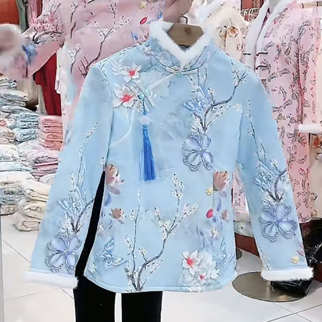 秋冬季新款新中式风改良旗袍长袖女加绒加厚印花保暖卫衣外套上衣